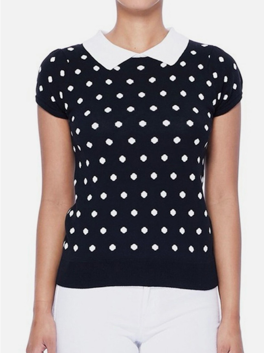 Polka Dot Short Sleeve Crew Sweater with Peter Pan Collar - Black/White